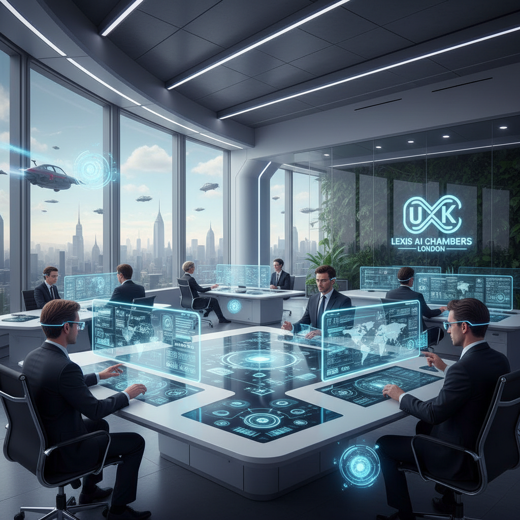 Futuristic UK legal technology office with AI tools