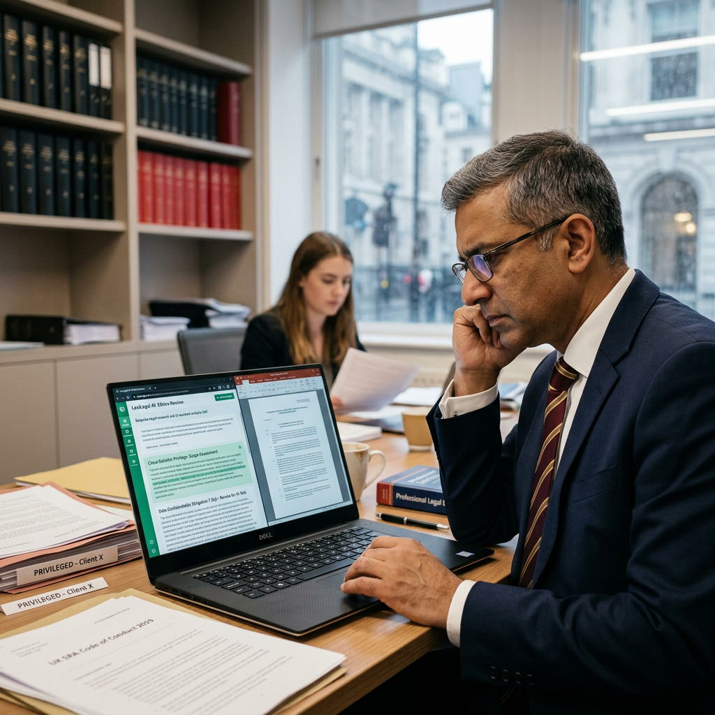 Solicitor reviewing legal privilege and confidentiality with AI tools