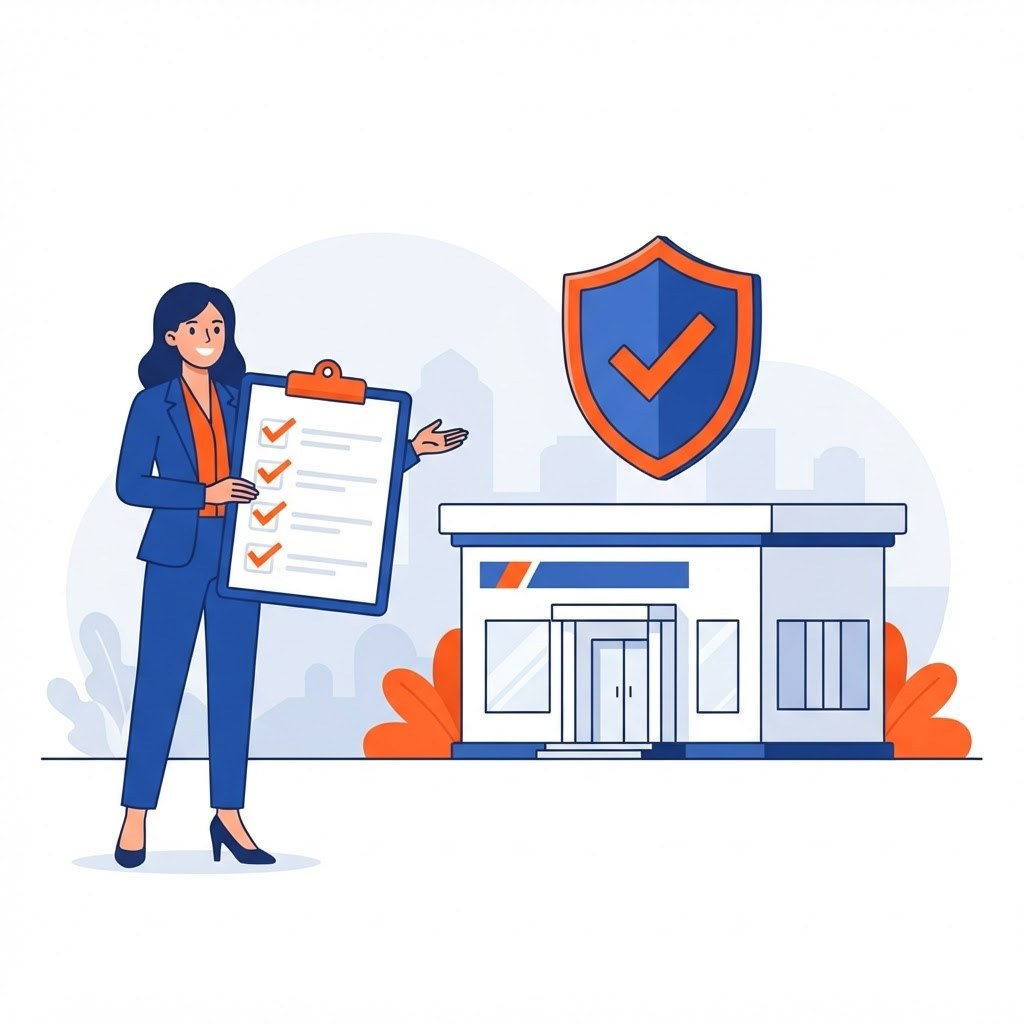 A solicitor with a ticked checklist in front of a new law firm office, SRA authorisation readiness