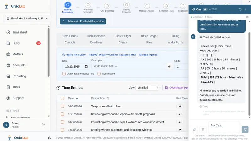 Cas AI chat panel inside a matter answering a question about case progress
