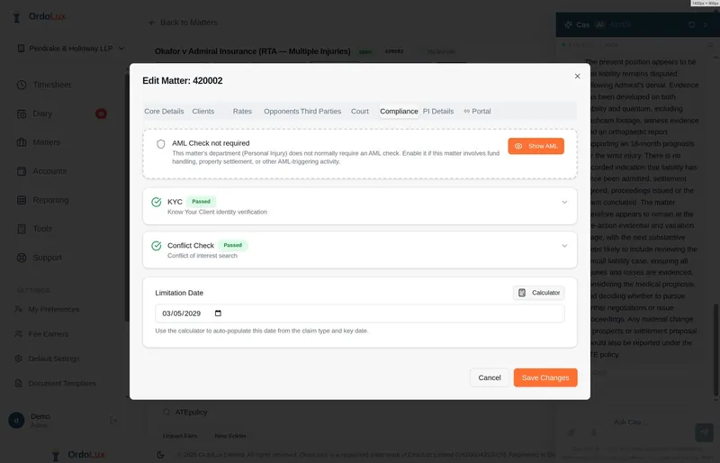 Conflict check status on a matter