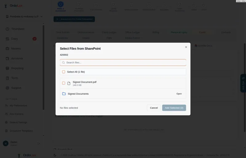 E-signature panel showing a matter document ready to send for signature