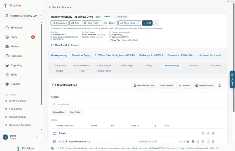 Document management view showing matter folders in SharePoint