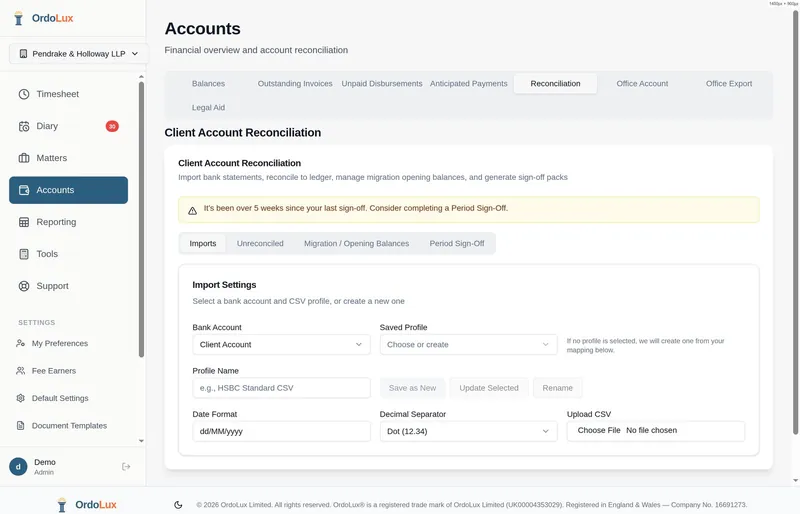 Client account reconciliation screen with bank entries matched to the ledger