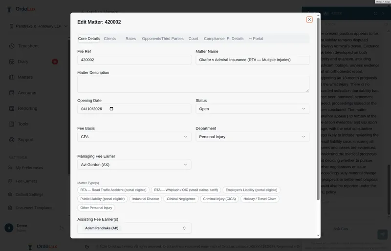 Create a new matter with clients, rates and compliance