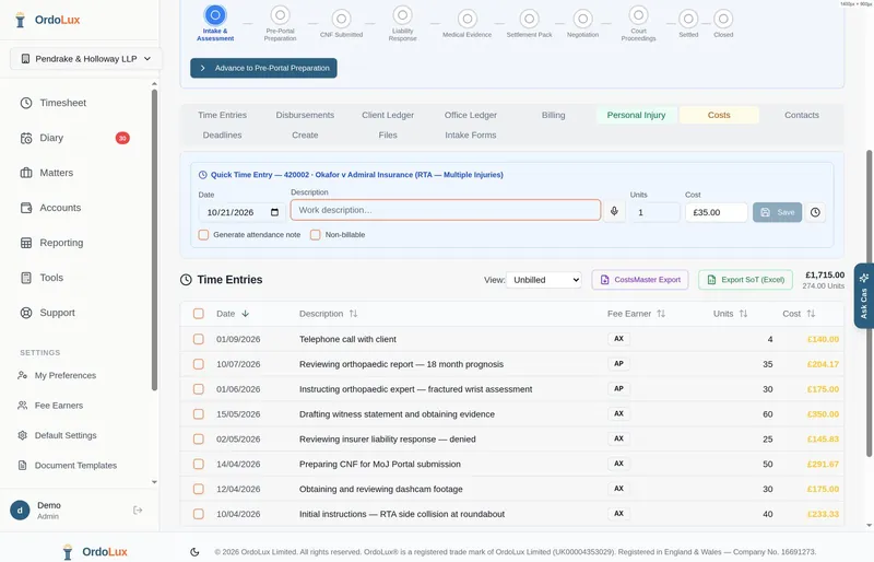 OrdoLux matter workspace showing matter details, time entries, disbursements and billing tabs
