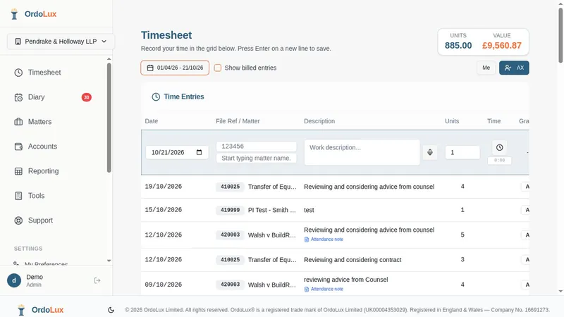 Timesheet view showing time entries across multiple matters with units and costs