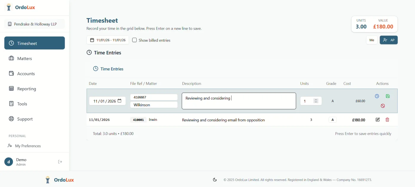 Timesheet screen showing fast time entry in OrdoLux